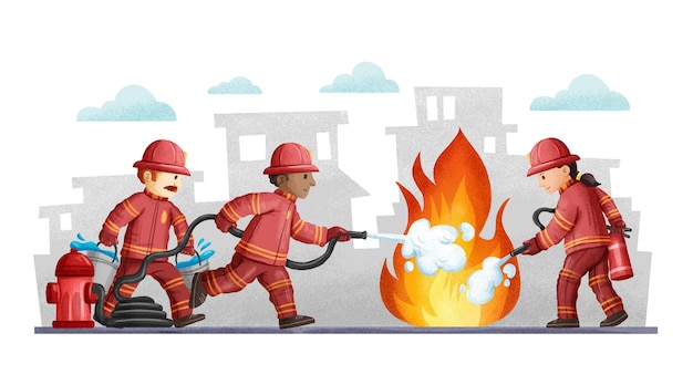 Free vector hand drawn firefighters putting out a fire