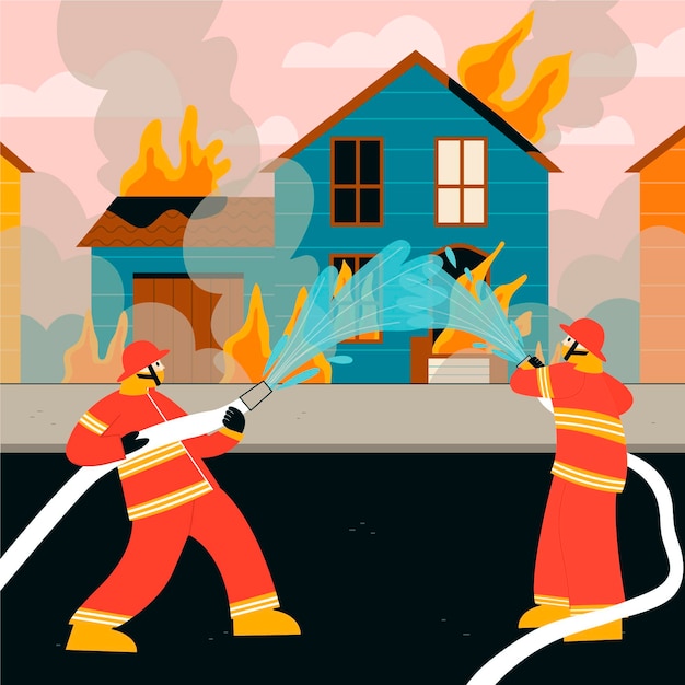 Vettore gratuito pompieri disegnati a mano che spengono un incendio