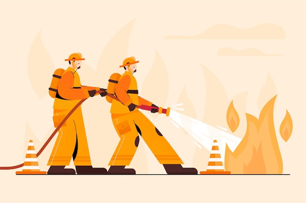 Hand drawn firefighters putting out a fire
