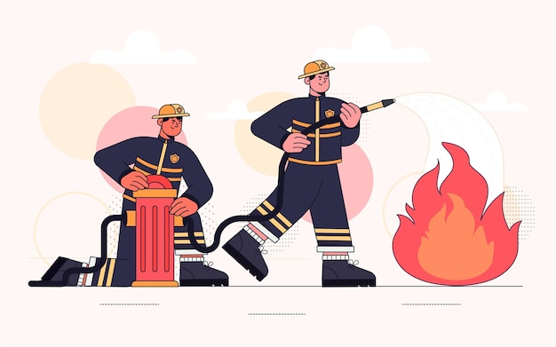 火を消す手描きの消防士