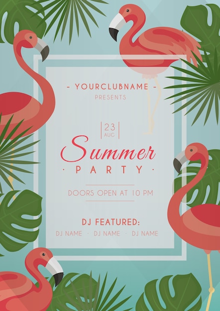 Hand drawn flamingos and palm leaves summer poster