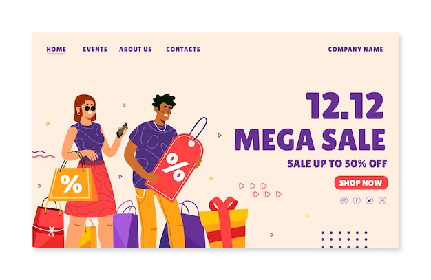 Hand drawn flat 12.12 sale landing page template