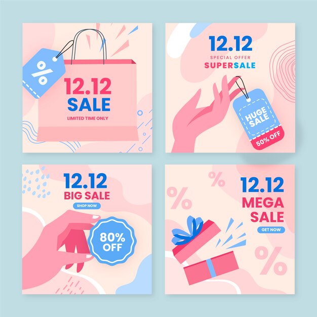 Hand drawn flat 12.12 sale social media posts collection