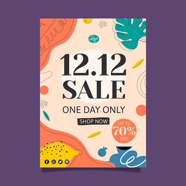 Hand drawn flat 12.12 sale vertical flyer template