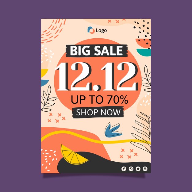 手描きフラット12.12販売垂直チラシテンプレート