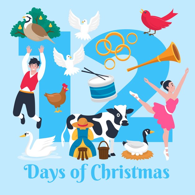 Hand drawn flat 12 days of christmas illustration