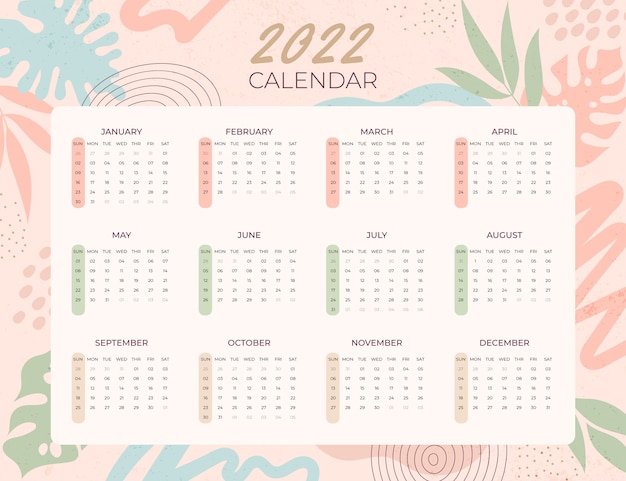 Modello di calendario piatto 2022 disegnato a mano