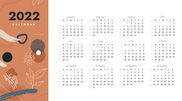 Hand drawn flat 2022 calendar template