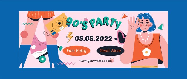 Hand drawn flat 90s party facebook cover