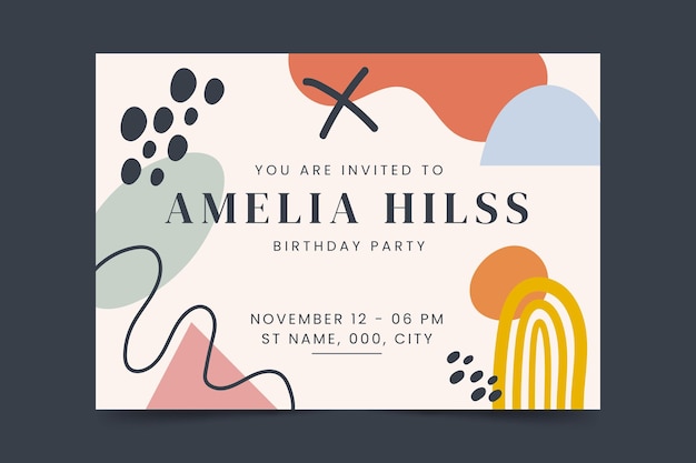 Hand drawn flat abstract shapes birthday invitation template