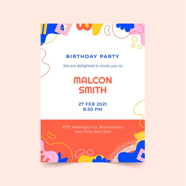 Hand drawn flat abstract shapes birthday invitation