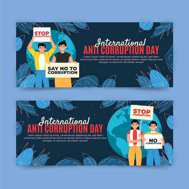 Hand drawn flat anti corruption day horizontal banners set