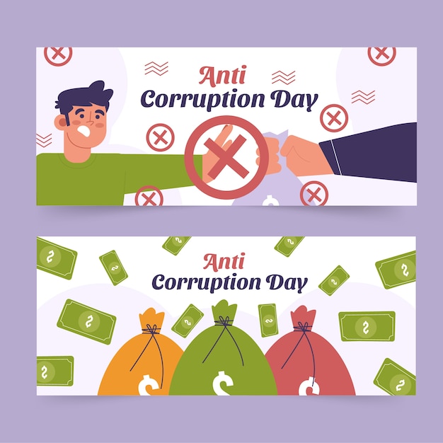 Hand drawn flat anti corruption day horizontal banners set