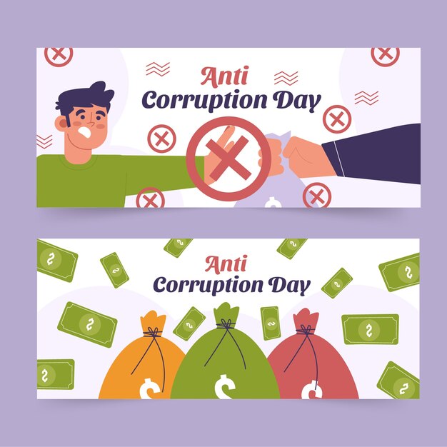 hand drawn flat anti corruption day horizontal banners set