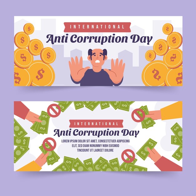 hand drawn flat anti corruption day horizontal banners set