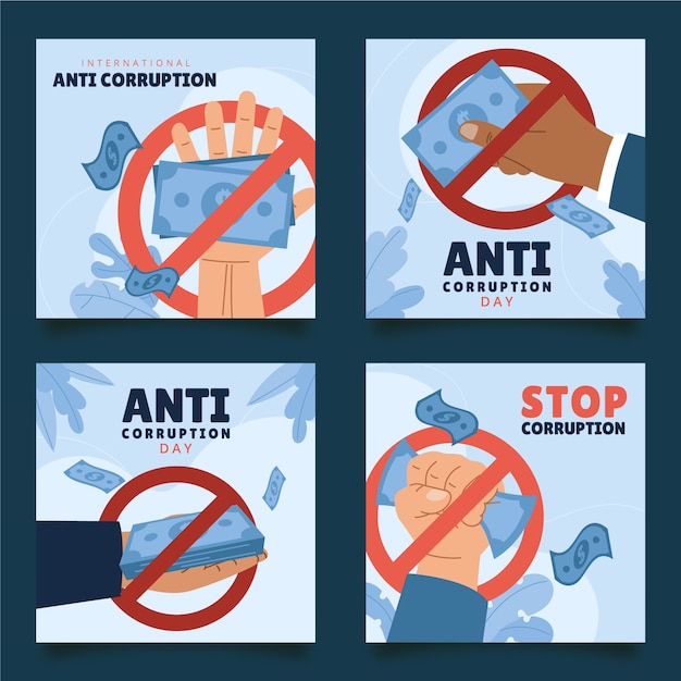 Vettore gratuito collezione di post di instagram di giorno anti-corruzione piatto disegnato a mano
