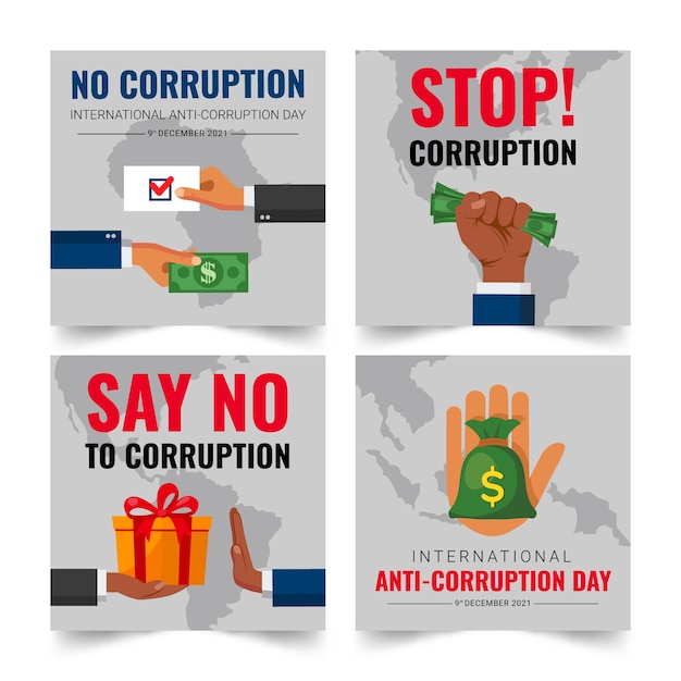Vettore gratuito collezione di post di instagram di giorno anti-corruzione piatto disegnato a mano