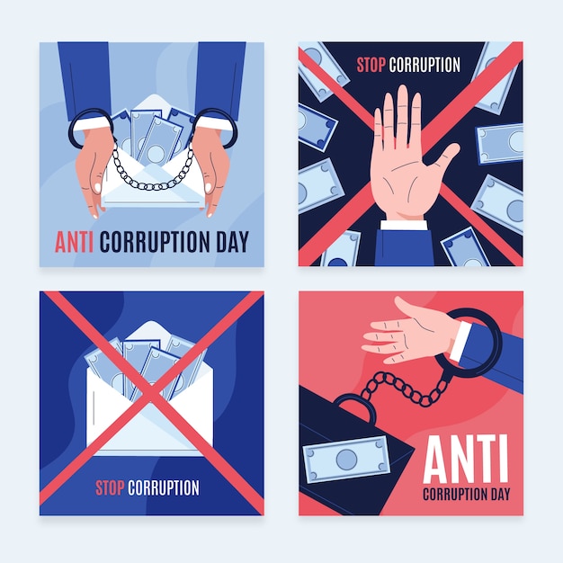 Vettore gratuito collezione di post di instagram di giorno anti-corruzione piatto disegnato a mano