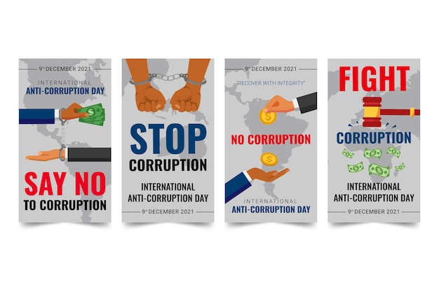 Free vector hand drawn flat anti corruption day instagram stories collection