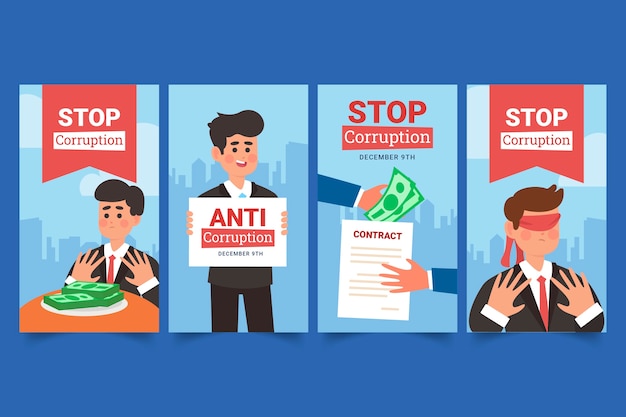 Free vector hand drawn flat anti corruption day instagram stories collection