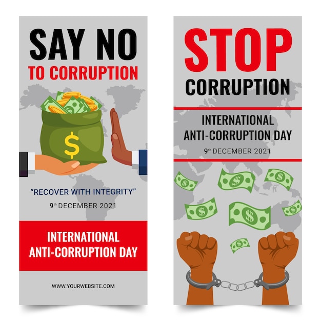Set di banner verticali piatti anti-corruzione disegnati a mano