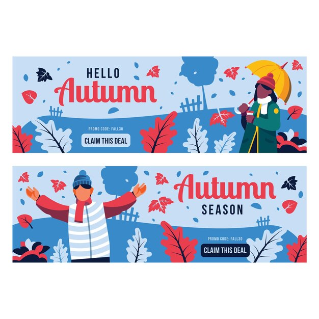 Free vector hand drawn flat autumn horizontal banners set