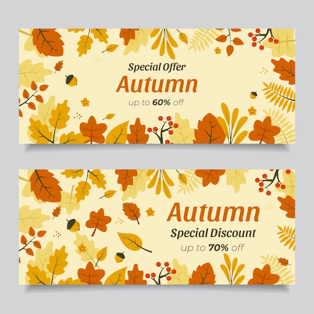 Free vector hand drawn flat autumn horizontal sale banners set