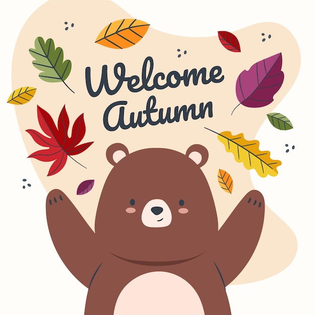 Illustrazione autunnale piatta disegnata a mano con orso e foglie