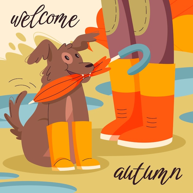 Free vector hand drawn flat autumn illustration with dog holding umbrella