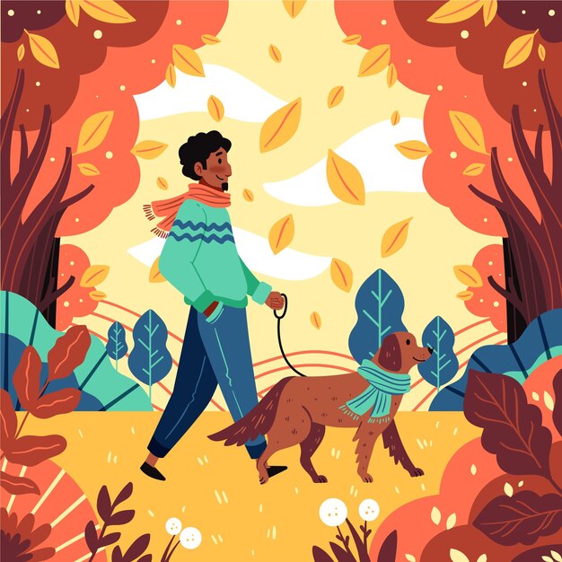 Hand drawn flat autumn illustration with man walking his dog