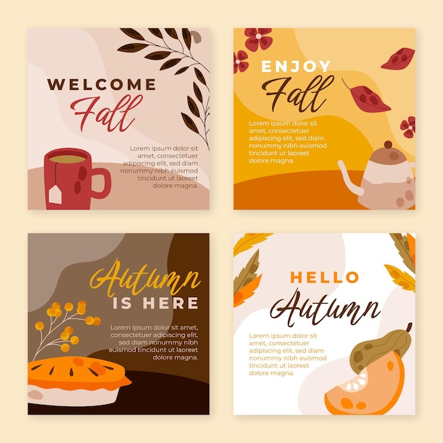 Free vector hand drawn flat autumn instagram posts collection