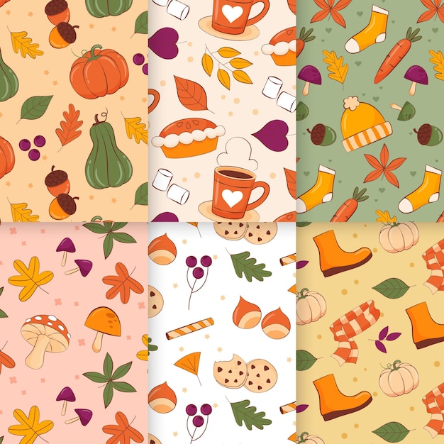 Hand drawn flat autumn patterns collection