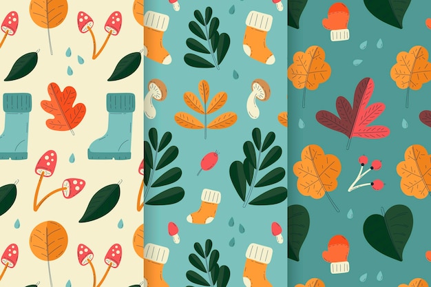 Hand drawn flat autumn patterns collection