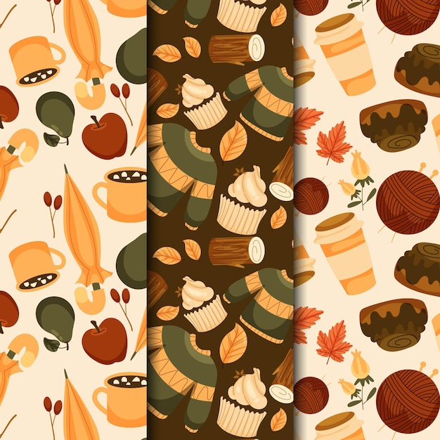 Hand drawn flat autumn patterns collection