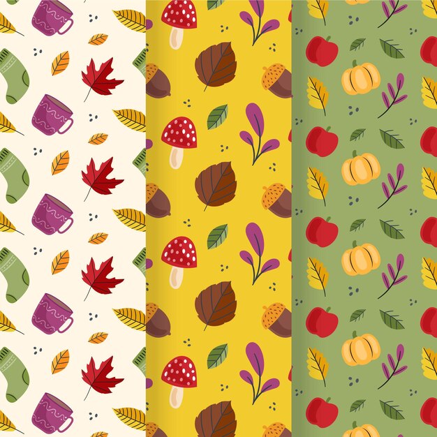 Hand drawn flat autumn patterns collection