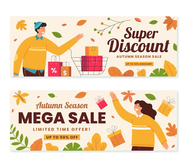 Hand drawn flat autumn sale banners set