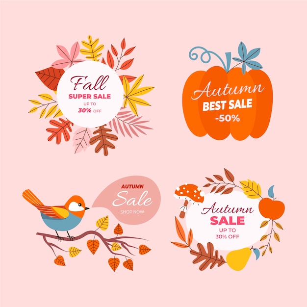 Hand drawn flat autumn sale labels collection