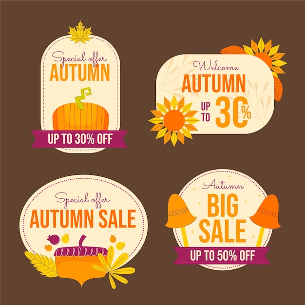 Hand drawn flat autumn sale labels collection