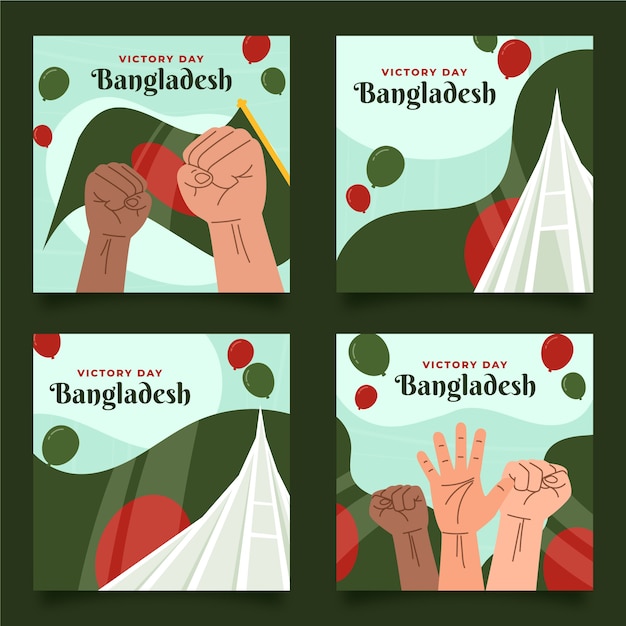 Vettore gratuito raccolta di post sui social media del giorno della vittoria del bangladesh piatto disegnato a mano