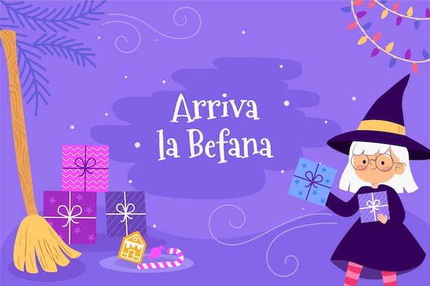 Hand drawn flat befana background