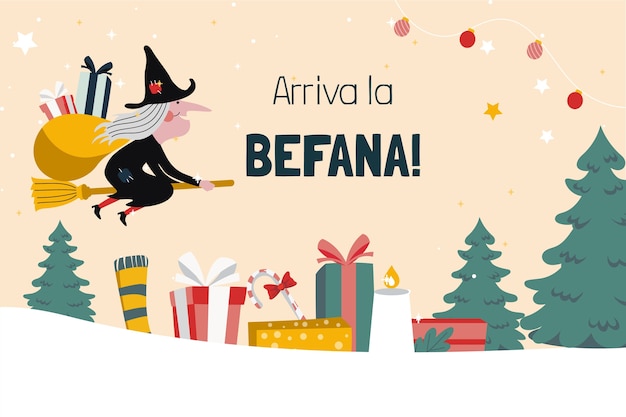 Hand drawn flat befana background