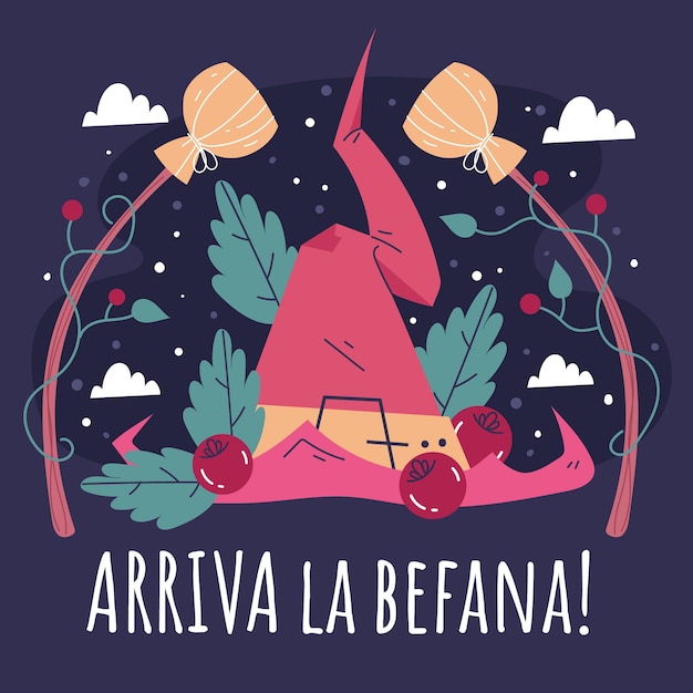 Illustrazione di befana piatta disegnata a mano