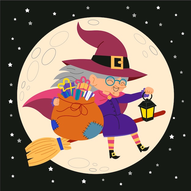 Hand drawn flat befana illustration