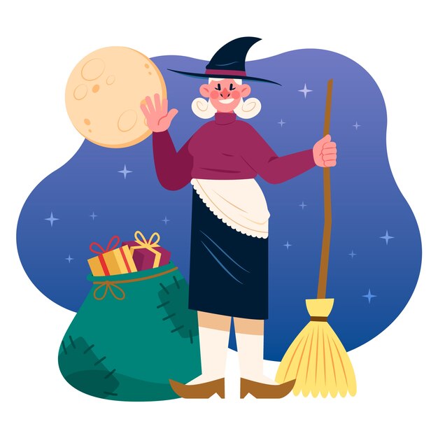 Hand drawn flat befana illustration