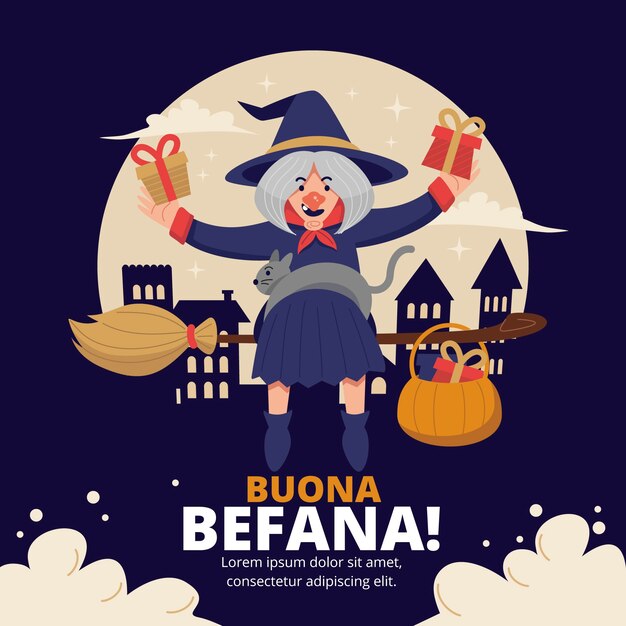 Hand drawn flat befana illustration