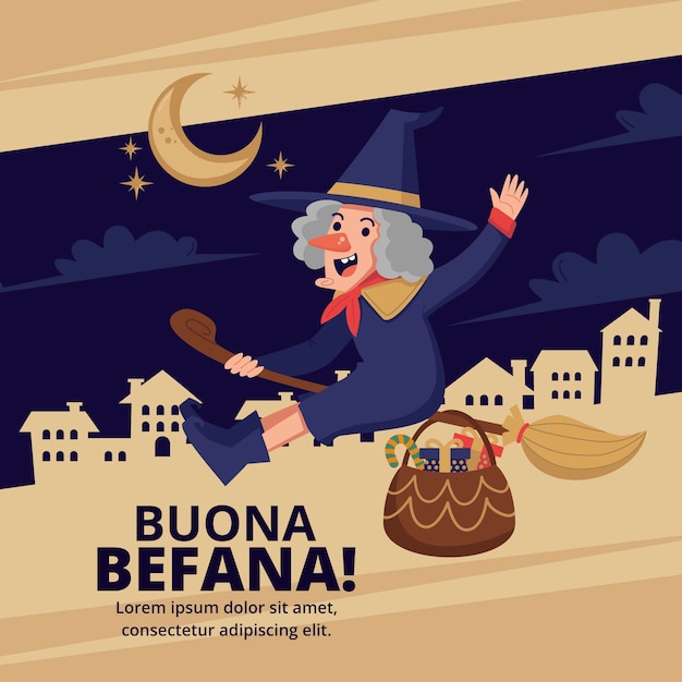 Illustrazione di befana piatta disegnata a mano