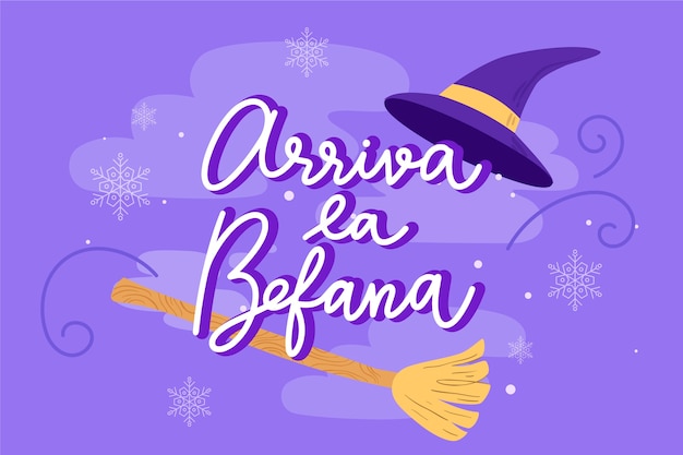 Vettore gratuito lettering befana piatto disegnato a mano