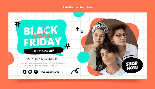 Hand drawn flat black friday horizontal sale banner