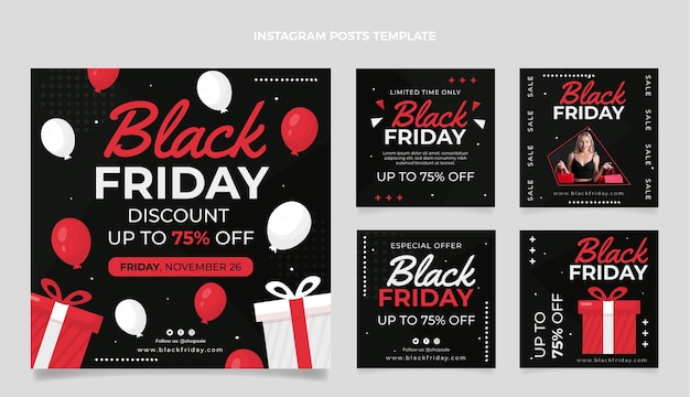 Collezione di post di instagram flat black friday disegnati a mano