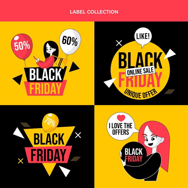 Collezione di etichette flat black friday disegnate a mano